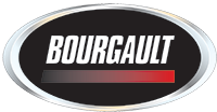 A black text-based logo that reads: Bourgault. An hombre line that goes from black to red is beneath it.