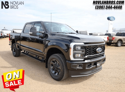 A black 2024 Ford F-250 Super Duty Lariat for sale at the Novlan Bros dealership in Saskatchewan.