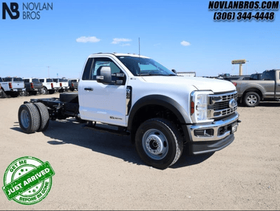 A white 2024 Ford F-600 XLT Super Duty for sale at the Novlan Bros dealership in Saskatchewan.