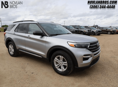 A silver 2020 Ford Explorer XLT for sale at the Novlan Bros dealership in Saskatchewan.