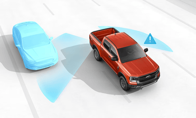 Rendering of a red 2024 Ford Ranger using its Blind-Spot Monitoring system to detect a car approaching on its left.