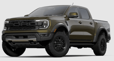 A green 2024 Ford Ranger Raptor posed against a white background.