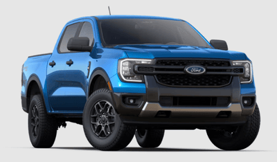 A blue 2024 Ford Ranger XLT with a black grille posed against a white background.