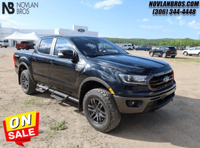 A black 2022 Ford Ranger Lariat for sale at the Novlan Bros dealership in Saskatchewan.