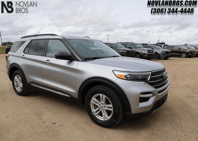 A silver 2020 Ford Explorer XLT for sale at the Novlan Bros dealership in Saskatchewan.