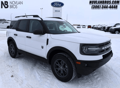 A white 2024 Ford Bronco Sport Big Bend for sale at the Novlan Bros dealership in Saskatchewan.