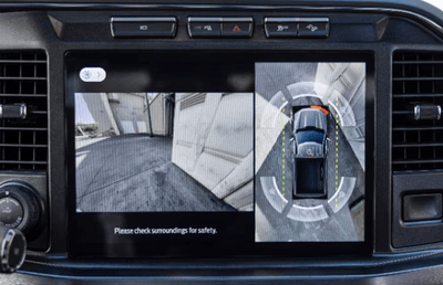 View of the 2024 Ford F-350's 360-degree camera system, with images being streamed to the truck's touchscreen.