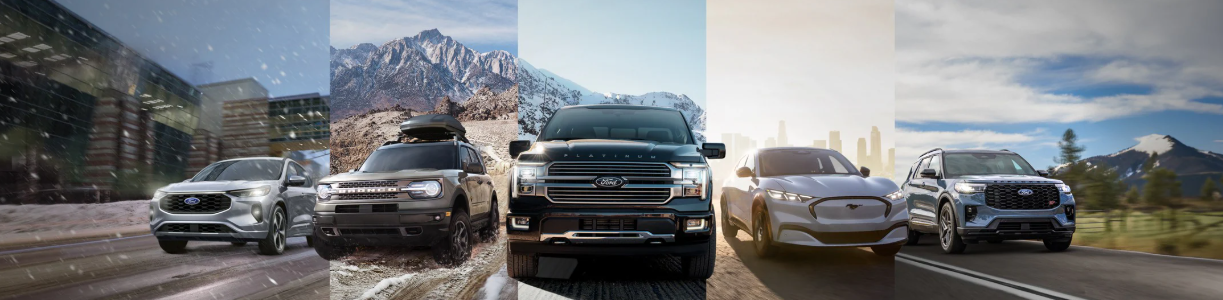 The 2025 Ford vehicle line-up - including the Bronco, F-150, and Mustang - flanking each other as they drive down a paved road.