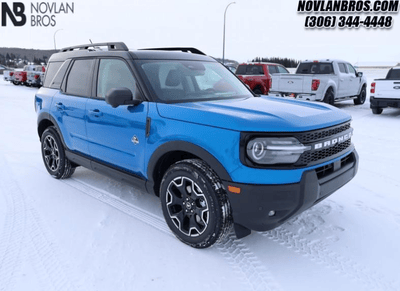 A blue 2025 Ford Bronco Sport Outer Banks for sale at the Novlan Bros dealership in Saskatchewan.