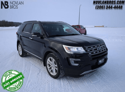 A black 2017 Ford Explorer Limited for sale at the Novlan Bros dealership in Saskatchewan.