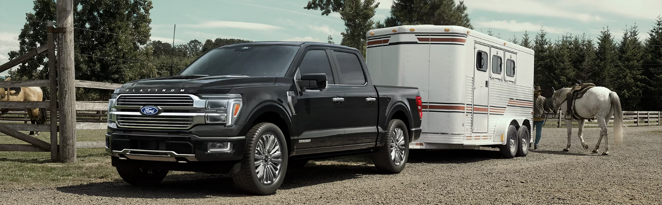 A black 2026 Ford F-150 hitched to a horse trailer and parked on a farm road, with a man leading a horse away from the truck.