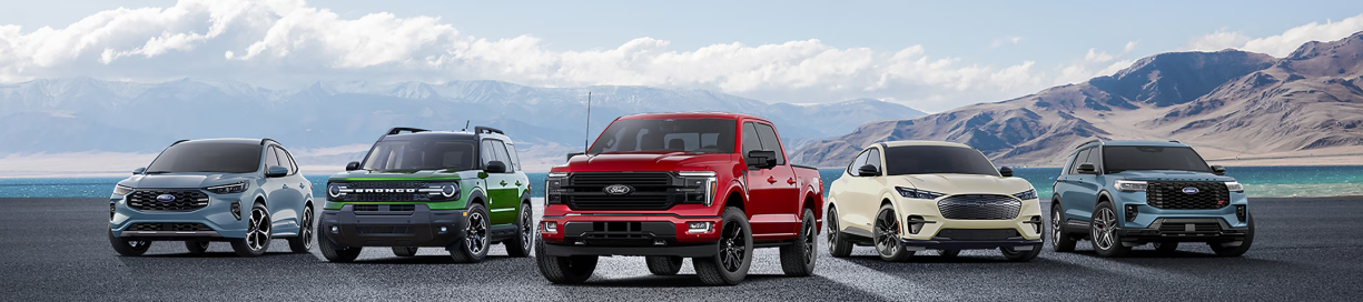 The 2025 Ford vehicle line-up posed on a rocky beach, with a lake and mountain visible in the background.