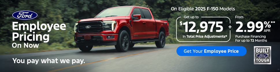 Promotional banner explaining that Employee Pricing is now available at Novlan Bros for the 2025 Ford F-150.