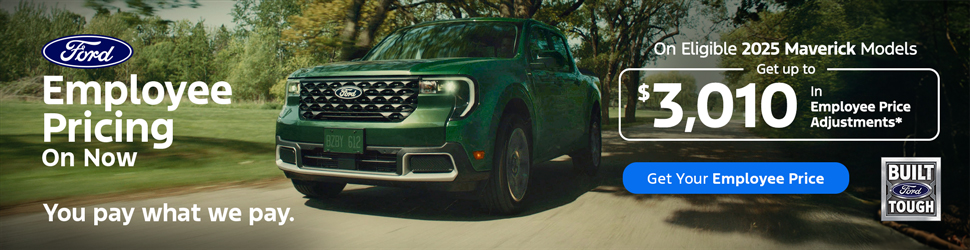 Promotional banner explaining that Employee Pricing is now available at Novlan Bros for the 2025 Ford Maverick.