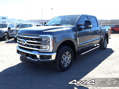 A grey 2024 Ford F-250 Lariat Super Duty for sale at the Novlan Bros dealership in Saskatchewan.