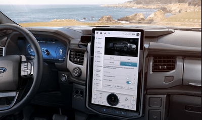 Interior view of the 2024 Ford F-150 Lightning, focusing on the 15-inch centre stack and SYNC 4A display.