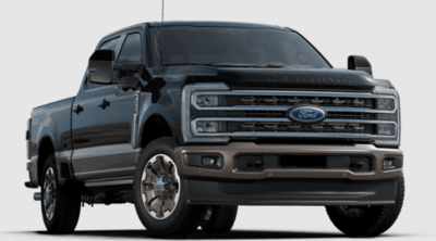 A black 2023 Ford F-350 King Ranch Super Duty posed against a white background.