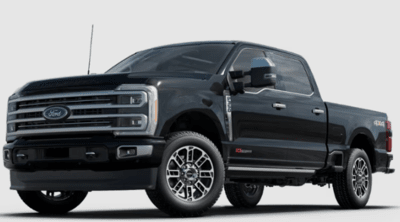 A black 2023 Ford F-350 Limited Super Duty posed against a white background.