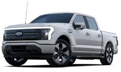 A silver 2023 Ford F-150 Lightning Platinum parked against a white background.