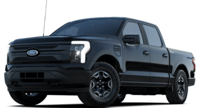 A black 2023 Ford F-150 Lightning Pro posed against a white background and shown from its right side.