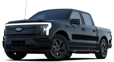 A black 2023 Ford F-150 Lightning XLT posed against a white background and shown from the side.