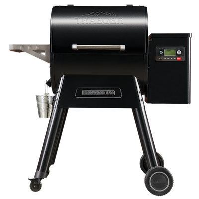 Image of a black Traeger Ironwood 650 grill posed against a white background.