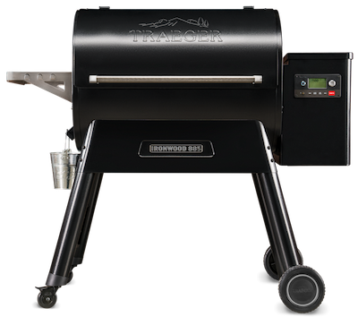 Image of a black 2022 Traeger Ironwood 885 grill posed against a white background. 