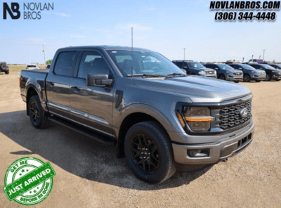 A grey 2024 Ford F-150 STX for sale at the Novlan Bros dealership in Saskatchewan.