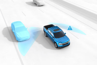 Rendering of a blue 2024 Ford Maverick XLT, with its BLIS system engaged and detecting approaching cars.