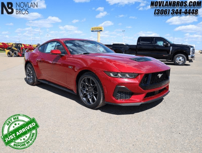 A red 2024 Ford Mustang GT Premium for sale at Novlan Bros in Saskatchewan.