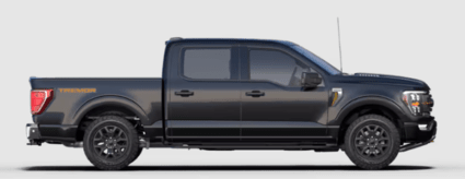 A side-view of a black 2023 Ford F-150 Tremor posed against a white background.