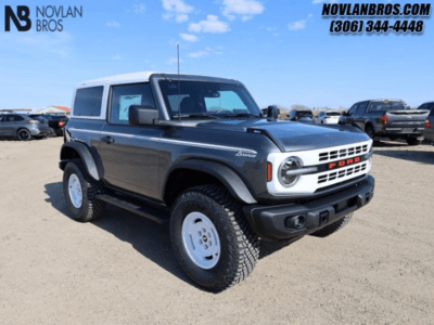 A grey 2024 Ford Bronco Heritage Edition for sale at the Novlan Bros dealership in Saskatchewan.