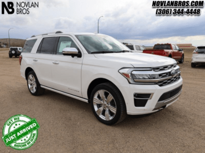 A white 2024 Ford Expedition Platinum for sale at the Novlan Bros dealership in Saskatchewan