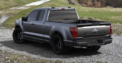 A grey 2024 Ford F-150 STX equipped with the Black Appearance Package and parked on a gravel road, with grass and rocks visible in the background.