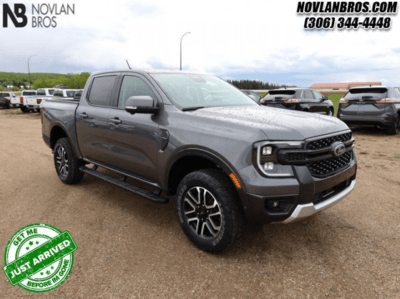 A grey 2024 Ford F-150 Ranger Lariat for sale at the Novlan Bros dealership in Saskatchewan.