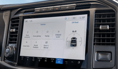 Close-up of the 2024 Ford F-150 Platinum's 12-inch touchscreen, with various applications on display.