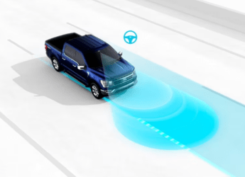 Digital rendering of a blue 2023 Ford F-150 Limited using the Ford Co-Pilot360 Assist 2.0 system, with blue lines indicating the lane centring function.