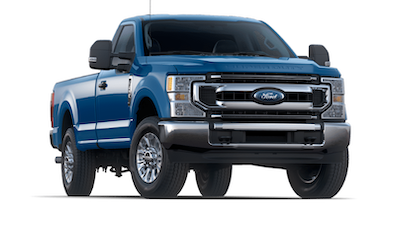 A blue Ford F-250 Super Duty parked against a white background.