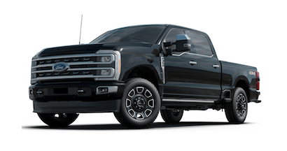 A black 2023 Ford F-350 Platinum Super Duty posed against a white background.