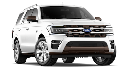 A white 2023 Ford Expedition King Ranch with black trim parked against a white background.