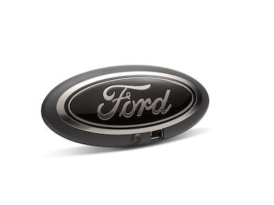 A black Ford emblem posed against a white background.