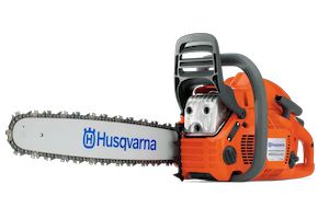 An orange Husqvarna chainsaw (with the brand logo written in blue on its blade) posed against a white background.