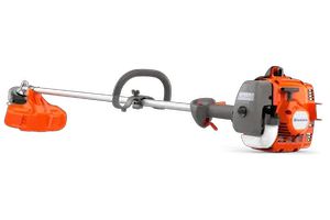 An orange Husqvarna gas-powered trimmer posed against a white background.
