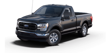 A black 2023 Ford F-150 XLT posed against a white backround.