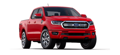 A red 2023 Ford Ranger Lariat posed against a white background.