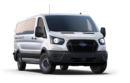 A white and black 2023 Ford Transit XL Passenger Van posed against a white background.