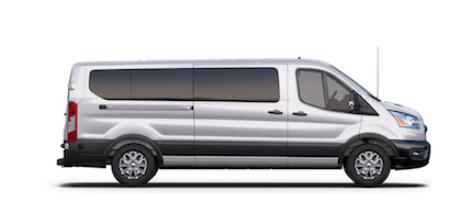 A gray and black 2023 Ford Transit Commercial Passenger Van XLT posed against a white background.