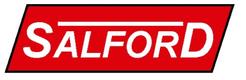 A red geometric shape, with the word Salford contained within its center.