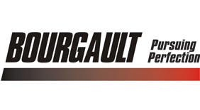 A black text-based logo that reads: Bourgault. Pursuing Perfection. An hombre line that goes from black to red is beneath it.