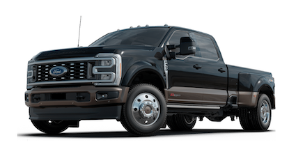 A black and brown 2023 Ford F-450 King Ranch Super Duty posed against a white background.